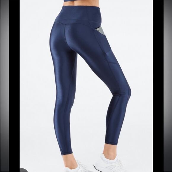 Fabletics Navy High Shine Glossy Athletic Leggings - Picture 1 of 9